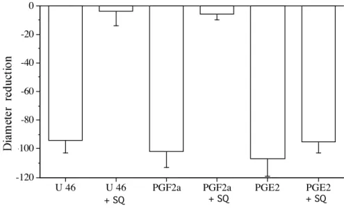 Figure 4: Inhibitory effect of the TP receptor antagonist SQ 29,548 (SQ,  10 µmol/L) on U-46619 (U46, 1 µmol/L)-, PGF 2 α   (10  µmol/L)-  or  PGE 2   (1  µmol/L)-induced contraction