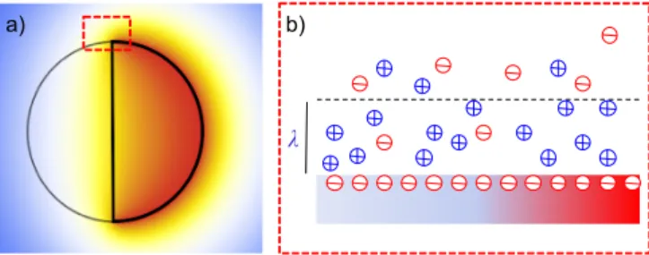 FIG. 1: a) Temperature map of a laser-heated Janus particle. The temperature is higher at the light-absorbing gold or carbon cap, resulting in a parallel component ∇ k T of the temperature gradient