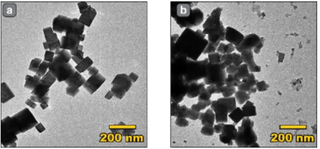 Figure 5. TEM images of the PBA nanoparticles produced with normal (a) and swollen (b)  chips