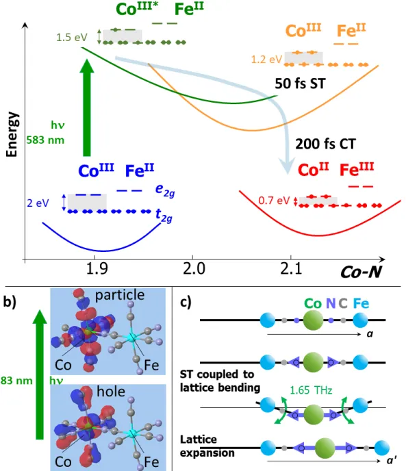 Figure  3  |  Spin-transition  inducing  charge-transfer.  (a)  Schematic  representation  of  the  PES  of  different key states involved in the process