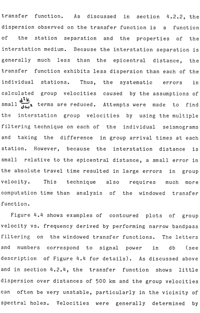 Figure  4.4  shows  examples  of  contoured  plots  of  group velocity  vs.  frequency  derived  by  performing  narrow  bandpass filtering  on  the  windowed  transfer  functions