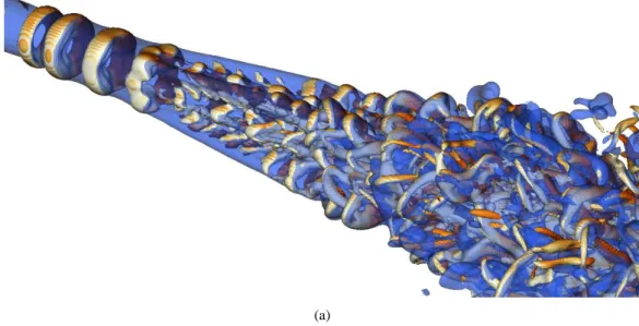 Figure 6a shows the instantaneous isosurfaces for the large reactor simulation for Q = 0.5(U EtOH /D ID )  and sheds light on the various stages of transition to fully developed turbulence for coaxial jets
