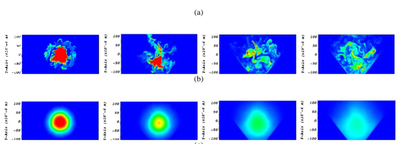 Figure 7: (a,b) Instantaneous mass fraction of ethanol in the (a) longitudinal plane and (b) transversal plans at (from left to  right) x=3D ID , 5D ID , 7D ID , and 11D ID  for the microreactor