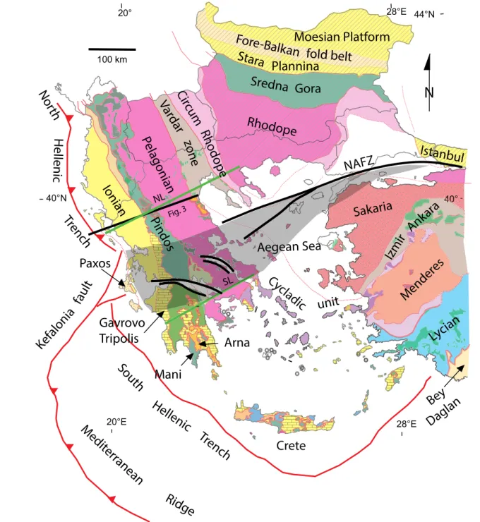Figure 1. Tectonic units in the Aegean re- re-gion. The external Hellenides that are the  focus of this paper extend from west of  the Vardar zone to the active subduction  systems in the northern and southern  Hellenic trenches
