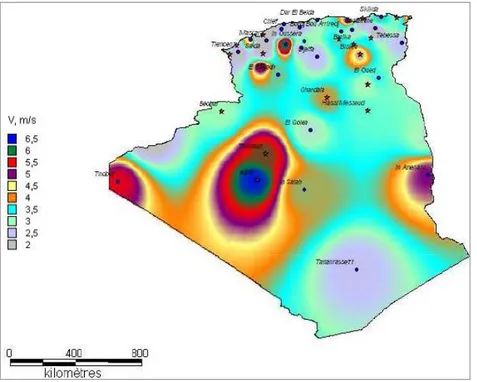 Fig. I.5 : Carte annuelle de la vitesse moyenne du vent en (m/s) en Algérie (2009-2010) 