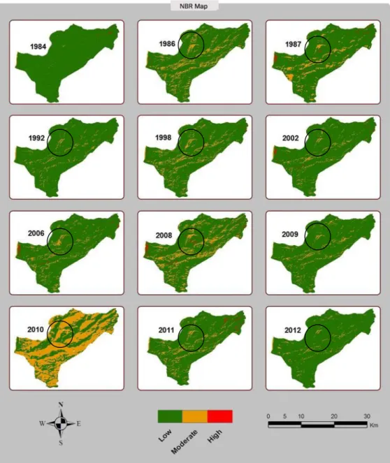 Figure 3.6 Normalized burn ratio (NBR) variation maps in Damour watershed showing the progression   of burn severity from 1986-2012 
