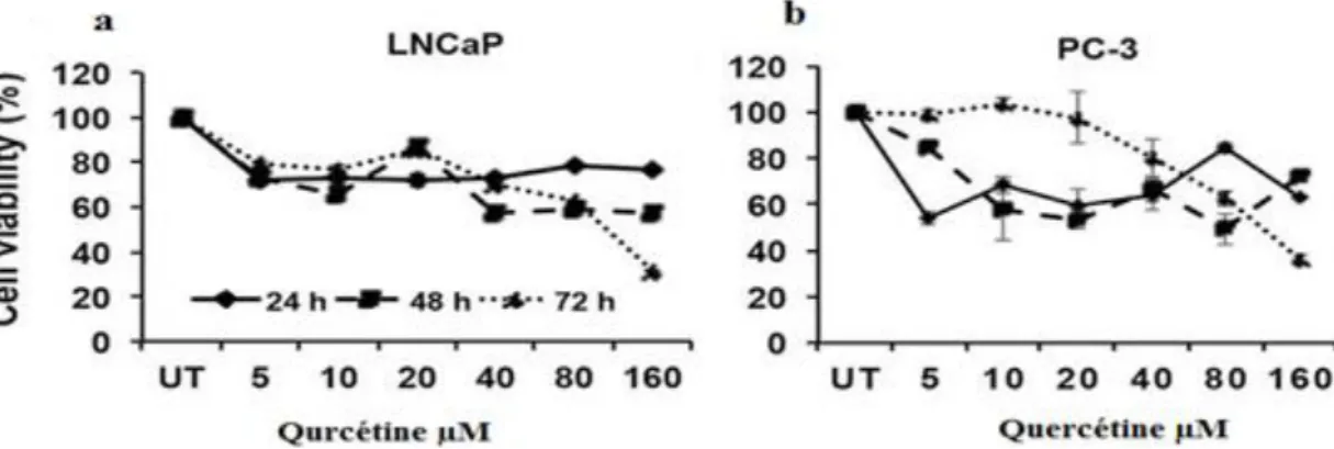 Figure 15 : Effet de la  quercétine sur la viabilité des cellules PC-3 et LNCaP (Ward  et al., 2018)