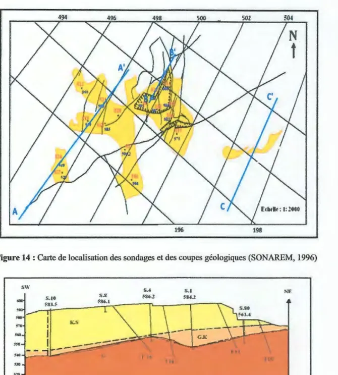 Figure 14: Carte de localisation des sondages et des coupes géologiques (SONAREM, 1996) 