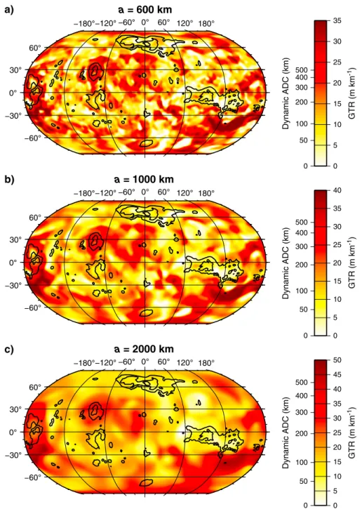 Figure 6. Maps of GTRs and dynamic compensation depths for various sampling radii a. Black topography contours are overlain for geographic reference