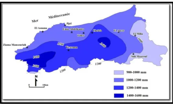 Figure III.1 Carte pluviométrique de la wilaya de Jijel (ANRH, 1996) 