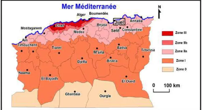 Fig. II.9 : Carte sismique d'Algérie selon le RPA (Version 2003) d’après le C.R.A.A.G