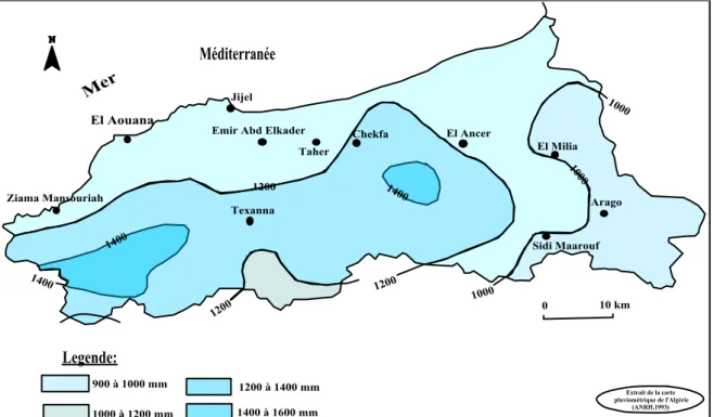 Figure 08 : Carte pluviométrique de la wilaya de Jijel (ANRH, 1993) 