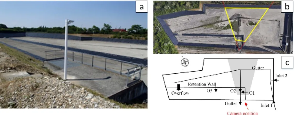 Figure  2.1.  (a)  Camera Axis  P1347  in  situ,  (b)  Top  view  of  DRB  with  camera  viewshed  surrounded  by  yellow  lines  (photo  from  Google  Map)