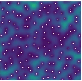 Fig. 1. White dots are a sample zero set of the planar GAF, superimposed on a Charlier spectrogram, see [2] for the definition of the Charlier transform.