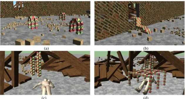 Figure II-1 A rescue application by M-TRAN: (a) Locomotion in terrain through a four-legged Gait; (b) Locomotion  among debris through flow; (c) Supporting a beam; (d) Shape formation to shelter survivors
