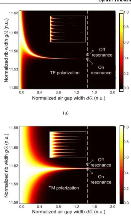 Fig. 3.13: Contour map of (a) TE and (b) TM light transmission as functions of d/ λ  and  g/ λ 