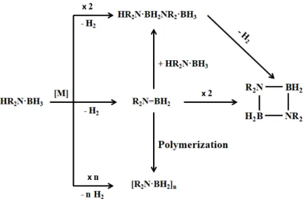 Figure 2.4: Possible catalyzed dehydrogenation/dehydrocoupling pathways of secondary amine- amine-boranes.