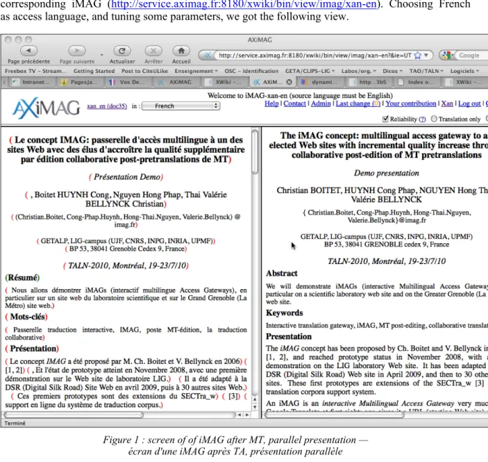 Figure 1 : screen of of iMAG after MT, parallel presentation —  écran d'une iMAG après TA, présentation parallèle 