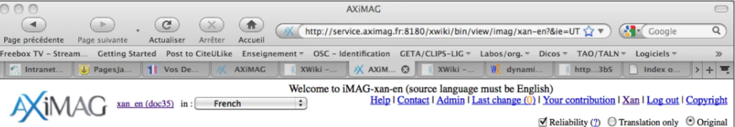 Figure 2 : screen of an iMAG after direct postediting of some segments on a Web page —  écran d'une iMAG après postédition directe de quelques segments sur une page Web 