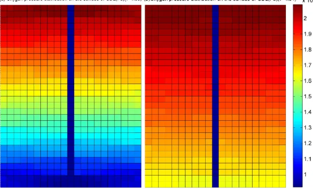 Figure 2.11 Oxygen pressure distribution on the surface of GDL under   different oxygen stoichiometry: (a) τ=1.68