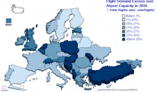 Figure 2: Flight demand excess over airport capacity in Europe in 2035 (source [1]).