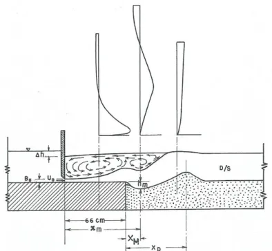 Fig. 1.3 Flow pattern and scour downstream of a submerged jet issuing from a sluice opening over an apron, from Chatterjee and Ghosh (1980).