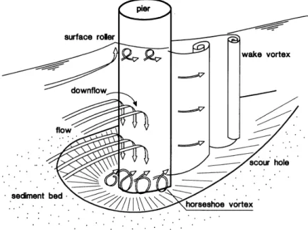 Fig. 1.5 Flow pattern and scour near a vertical pile, from van Rijn (2013).