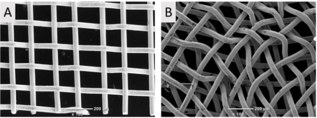 Figure 1. SEM pictures of platinum grids manufactured from (A) 1 or (B) 2 Pt layers. 