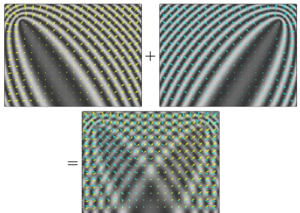 Figure 2.8: Illustration of the first exponential kernel (top left), second kernel (top right) and their sum (bottom) of the RWI gradient (Equations (2.31) and (2.32)) for one source-receiver coupe and one frequency, superimposed by the vector fields k ~ 1