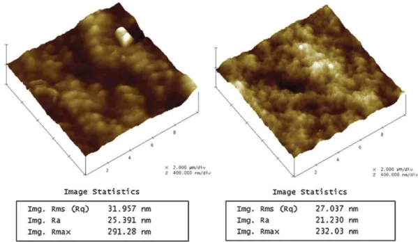 Fig. 1-23 Three-dimension AFM surface images of PVDF-PEG membrane: the neat  membrane (left) and TiO 2  composite membrane (right)