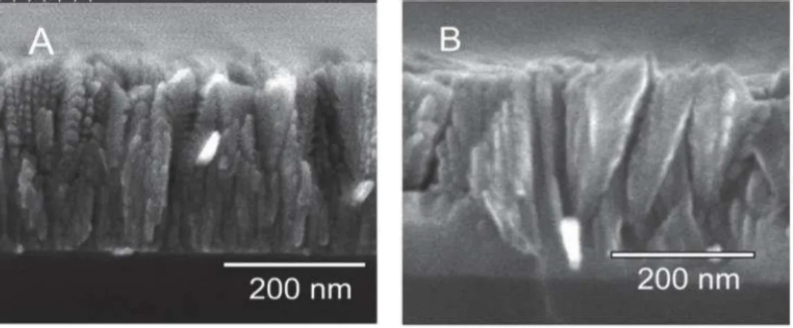 Fig. 1-43 SEM images of N-doped TiO 2  films deposited at 250 °C and 400 W in MW-ECR  PECVD with N 2  composition ratio (A) 17% and (B) 88%