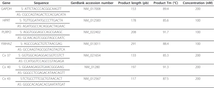 Table 1 Sequences of the primer pairs (S: sense; AS: antisense) for housekeeping genes (GAPDH, HPRT, PLRPO and YWHAZ) and genes of interest (Cx 37, Cx 40 and Cx 43) are shown as well as GenBank accession number, product length, product Tm and concentration