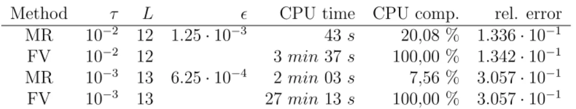 Table 4: Chapman-Jouguet detonation front: CPU time, CPU compression and relative error on the von Neumann density for different values of the stiffness coefficient and for the FV and MR methods.