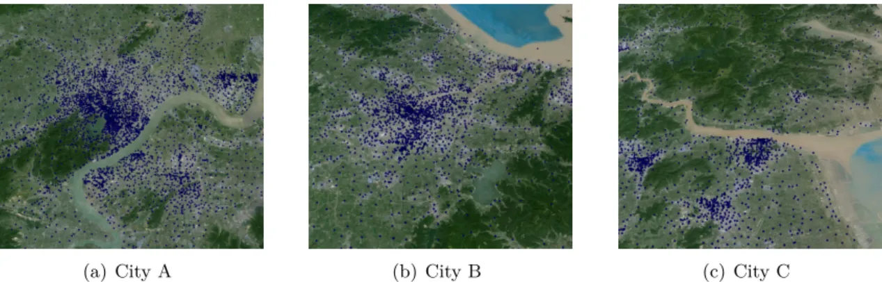 Figure 4.1: An illustration of the deployment of BSs in three typical cities with geographical landforms.
