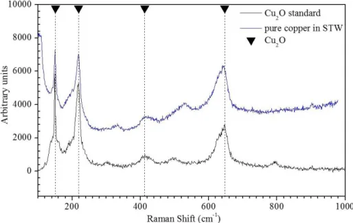 Figure 4.9. Ex-situ Raman analysis of copper exposed to STW with applied current i = 80 µA