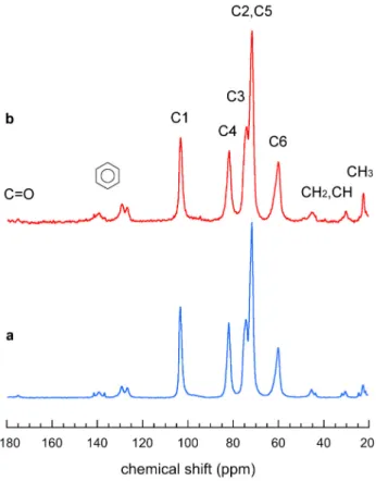 Figure 6.  13 C CP/MAS (a) and SP/MAS (b) solid-state NMR spectra of hydrated V IBU