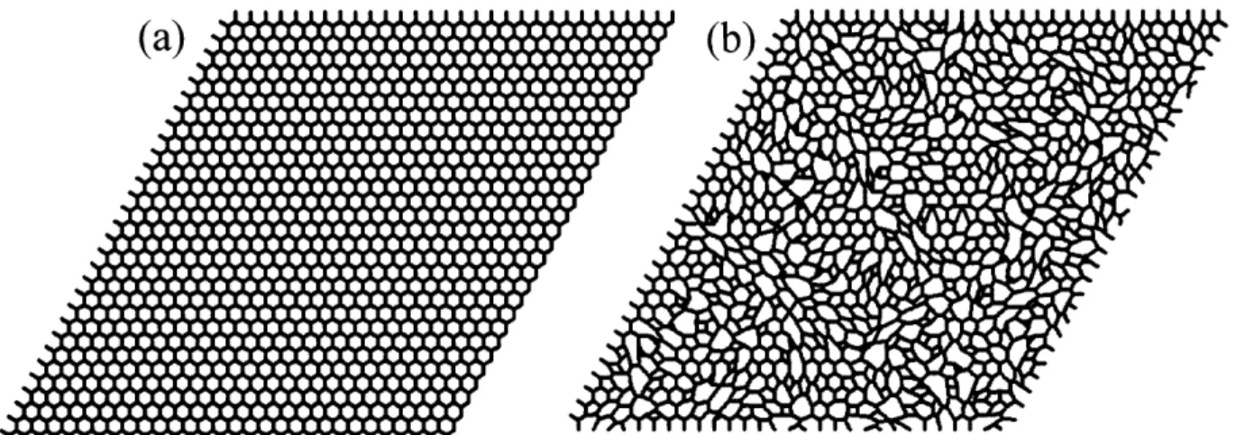 Figure 2.2: Examples of two-dimensional networks with 30 grains per side that have either (a) a honeycomb  structure  or  (b)  an  irregular  structure.