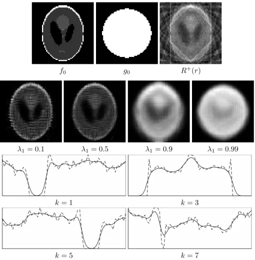 Figure 3: Example of reconstructions from partial Radon measurements. The two bottom rows show the input transforms r k = R θ k (f 0 ) (dashed curves) and the recovered Radon transforms R θ k (f 0 ) where f solved 13 (plain curves), for a few values of k.