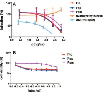 Fig. 4. (A) Infection of U373-CD4-CXCR4 cells by X4 pseudotype viral particles in presence of the fucoidans F SP , F TO and F SM 