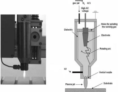 Figure  2.13  Photographie  et  schéma  représentant  le  système  APPJ    utilisé  pour  activer  et  fonctionnaliser la surface de l’électrode de carbone  [6]