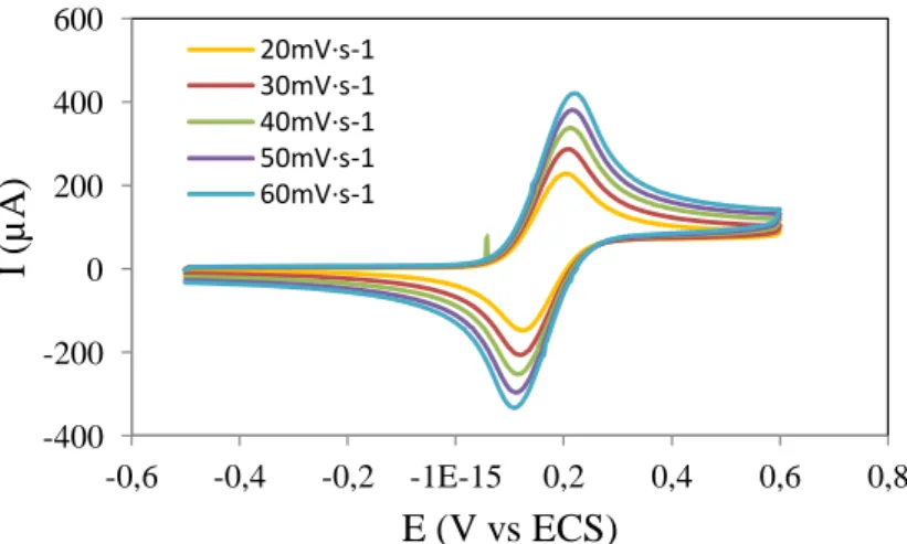Figure  3.2  :  Voltammétrie cyclique d’une électrode de CG nue dans  Fe(CN) 6 4-