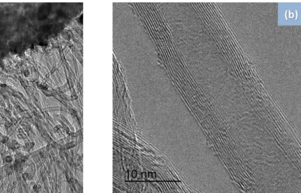 Fig. 2-9 (a)Typical TEM image of the part of GCHs (b) High-resolution TEM image  of synthesized CNT with detailed displayed structure