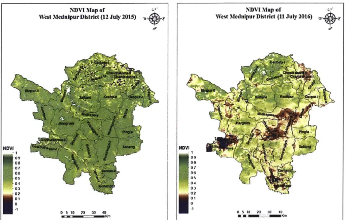 Figure 4.6  NDVI  Maps  of West Medinipur,  West  Bengal,  on  July  12,  2015  (left)  and  July  11, 2016  (right)