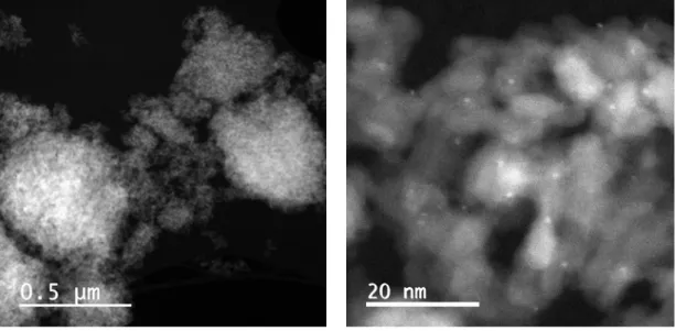 Figure III- 6 Transmission electron microscopy (TEM) results for the catalyst sample of 0.3%Pt-0.12%Cl/γ-Al 2 O 3  at two different  magnifications