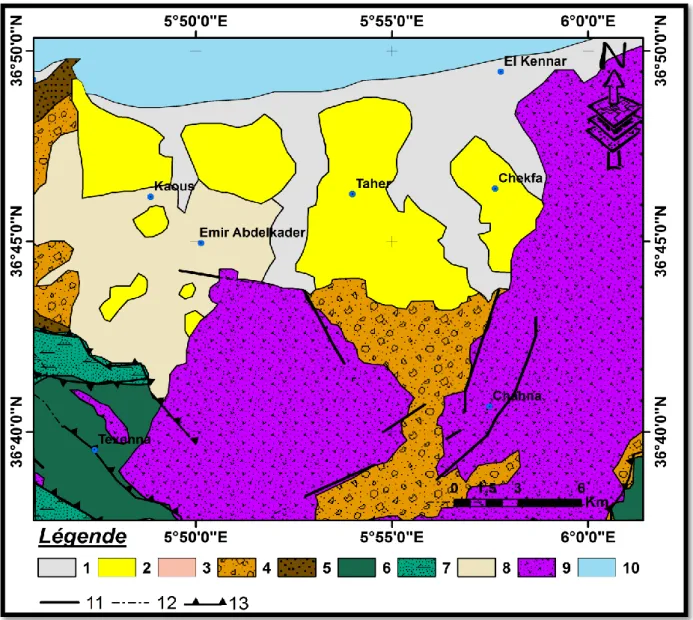 Figure III.1: Carte géologique de la region d’étude (Extrait de la carte structurale au  1/500000 ème  de la chaîne alpine d’Algérie orientale et des confins Algéro-tunisiens, Vila,  1980) 