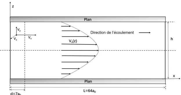 Figure 2.4 – Représentation schématique de la boîte de simulation et de la zone sur laquelle on impose une vitesse uniforme (x < d).