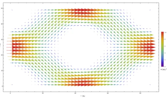 Figure 2.16 – Champ de vitesse du fluide SRD autour des cylindres, avec g = 0.00035g 0 .