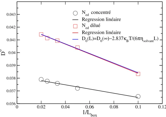 Figure 3.1 – Evolution du coefficient de diffusion des solutés en fonction de l’inverse de la taille de boîte de simulation, pour des conditions proches de la dilution infinie.
