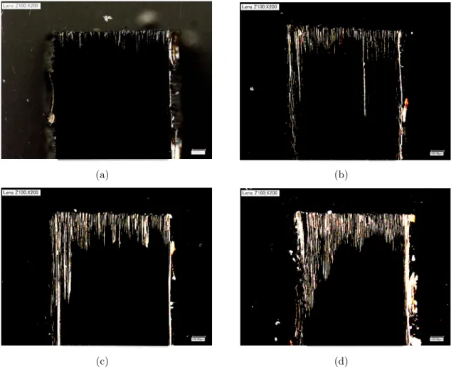 Figure 2.8: Surfaces parallel to fibers under dark field illumination (a) unaged (b) aged for 1 week (c) aged for 3 weeks (d) aged for 6 weeks