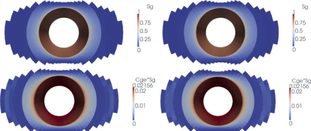 Figure 1.10: Transversal cut of s g and of s g c g e at final time obtained on the mesh n = 60 for the PPF formulation (left) and the PSF formulation (right).
